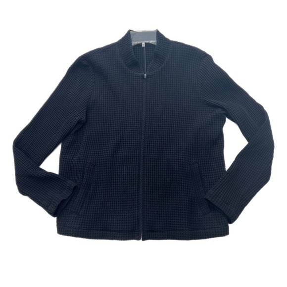 Eileen Fisher Waffle Knit Jacket LARGE Black Stretch LS Lyocell Organic Cotton - Picture 1 of 12